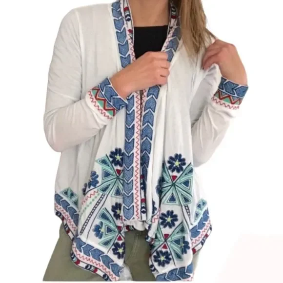 Johnny Was Floral Embroidered Open Draped Waterfall Knit Cardigan White Size M - Picture 11 of 11